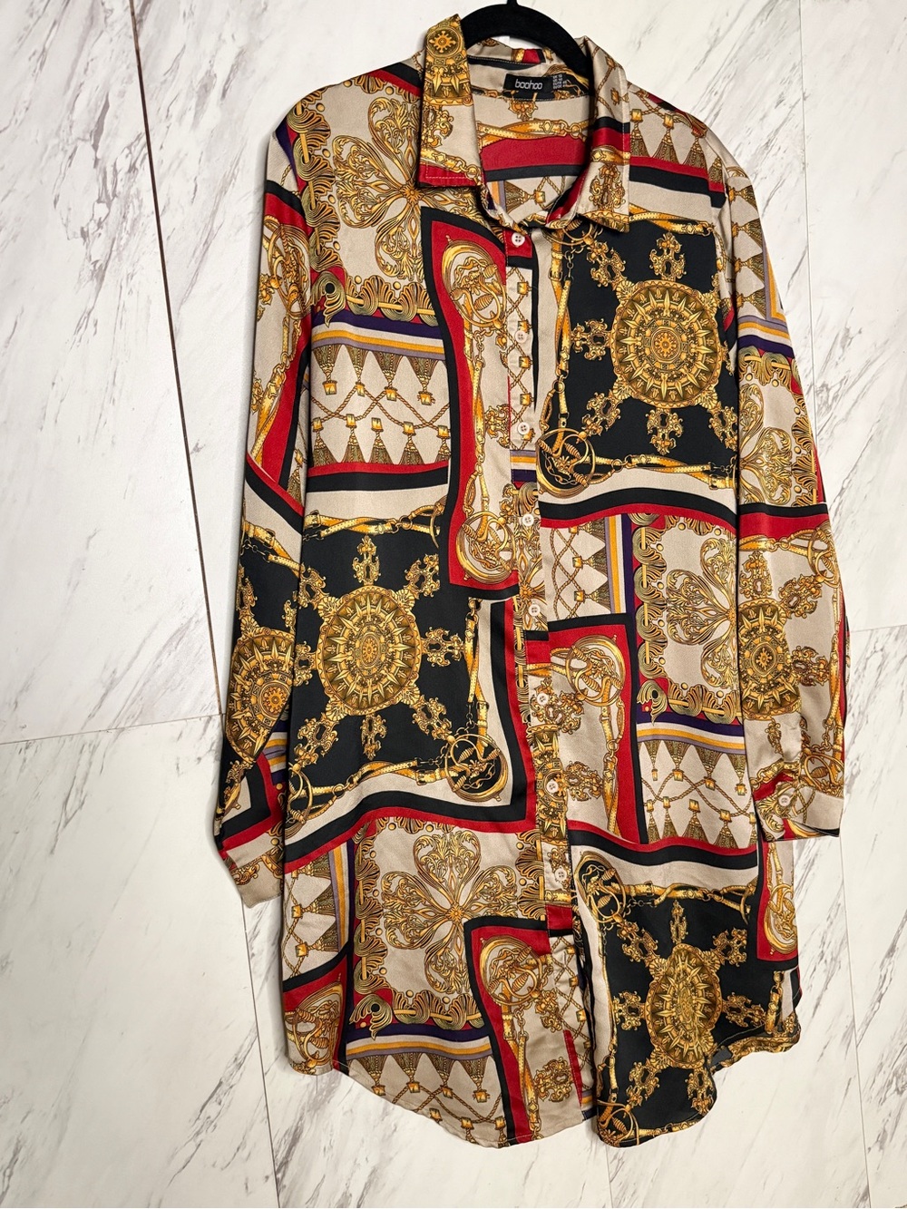 Boohoo Baroque Medallion Button-Down Shirt Dress Size 14 - Picture 2 of 6